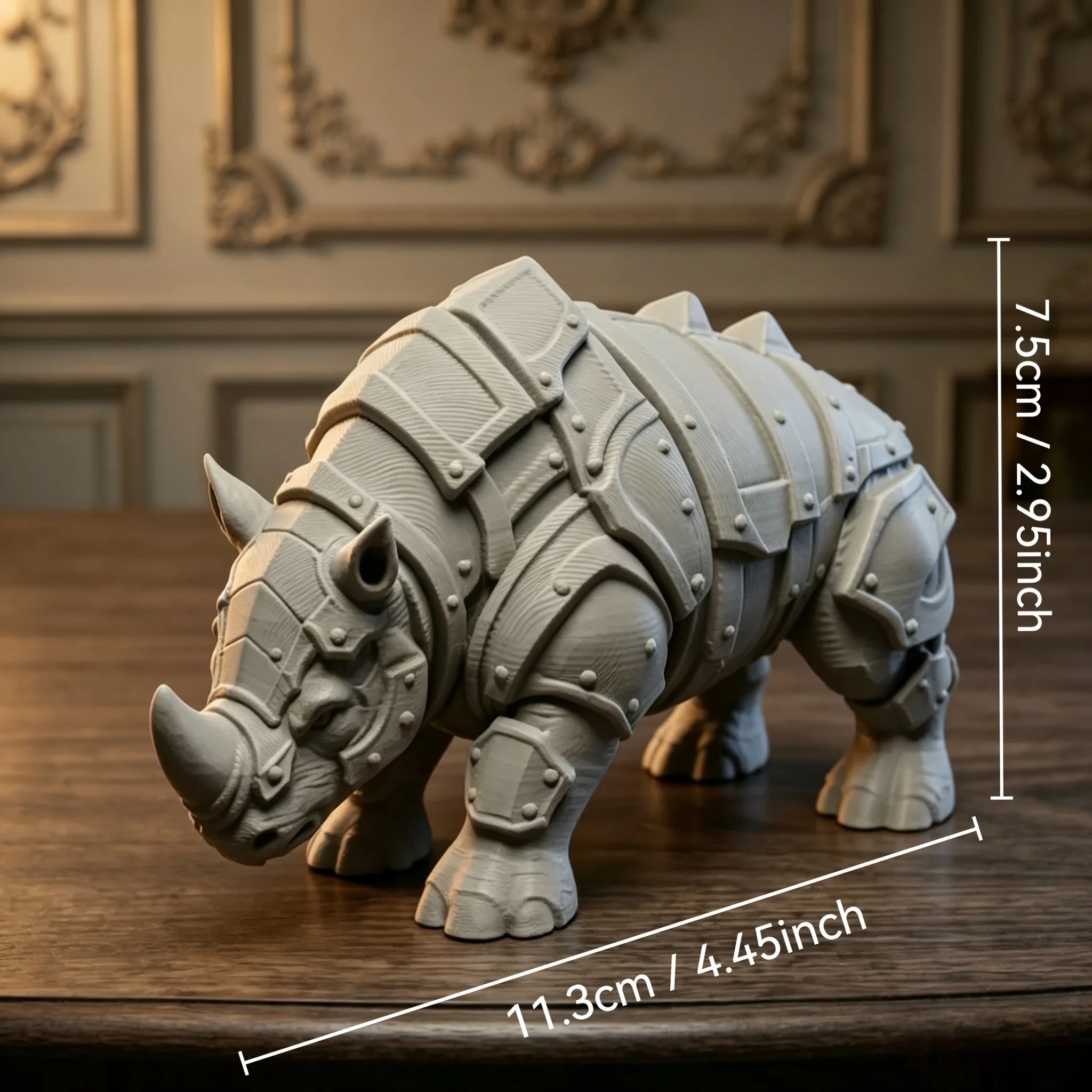 Mecha Armored Rhino Mini Figurine 3D Printing Medieval Rivet Rhinoceros Sculpture Cool Tabletop Ornaments Decor for Study Office Oasis Select Rhinoceros grey