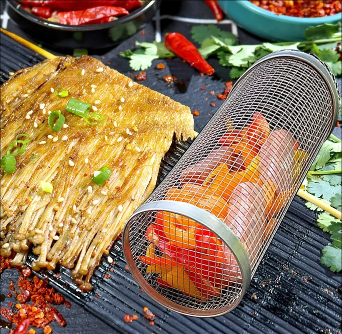 Portable Stainless Steel BBQ Grill Basket Wire Mesh Cylinder round Barbecue Rack for Outdoor Camping Oasis Select