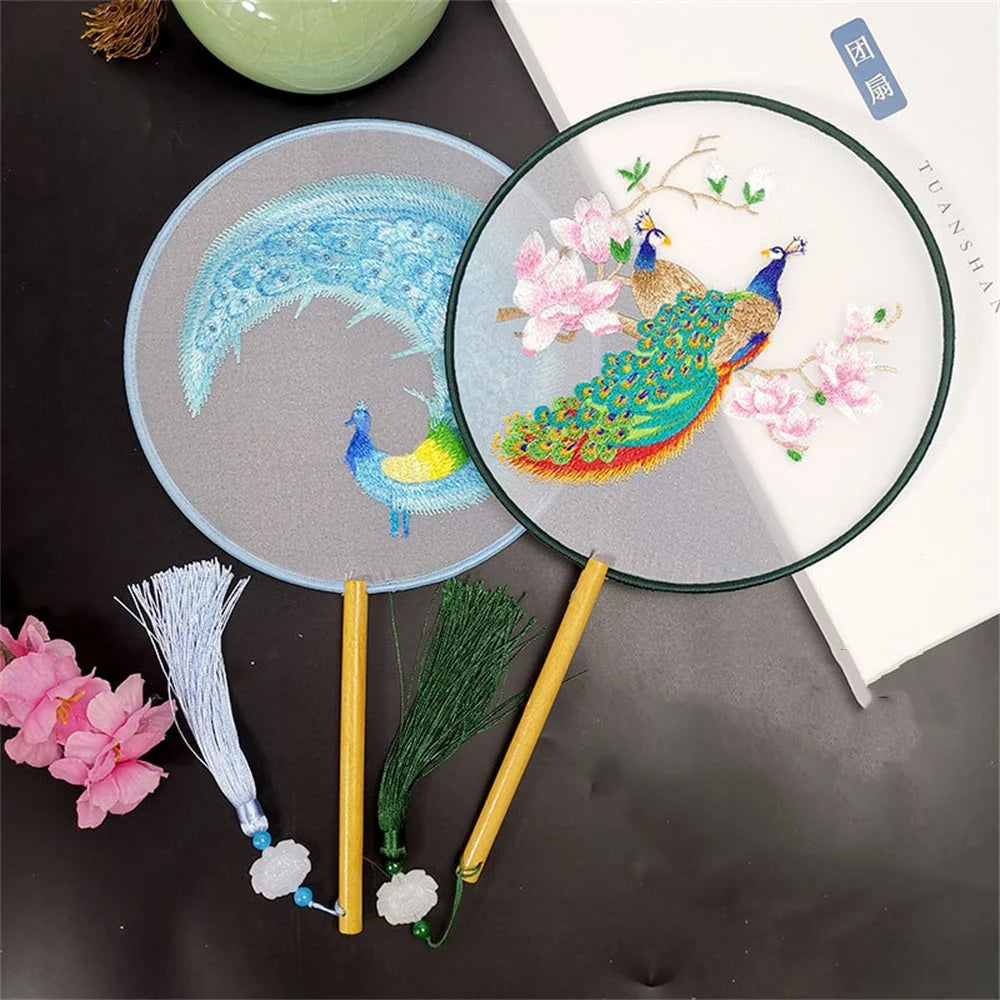 Round Double Sided Embroidery Fan Chinese Style Wooden Handle Embroidery Round Fan with Pendant Handheld Flower Silk Fan Oasis Select
