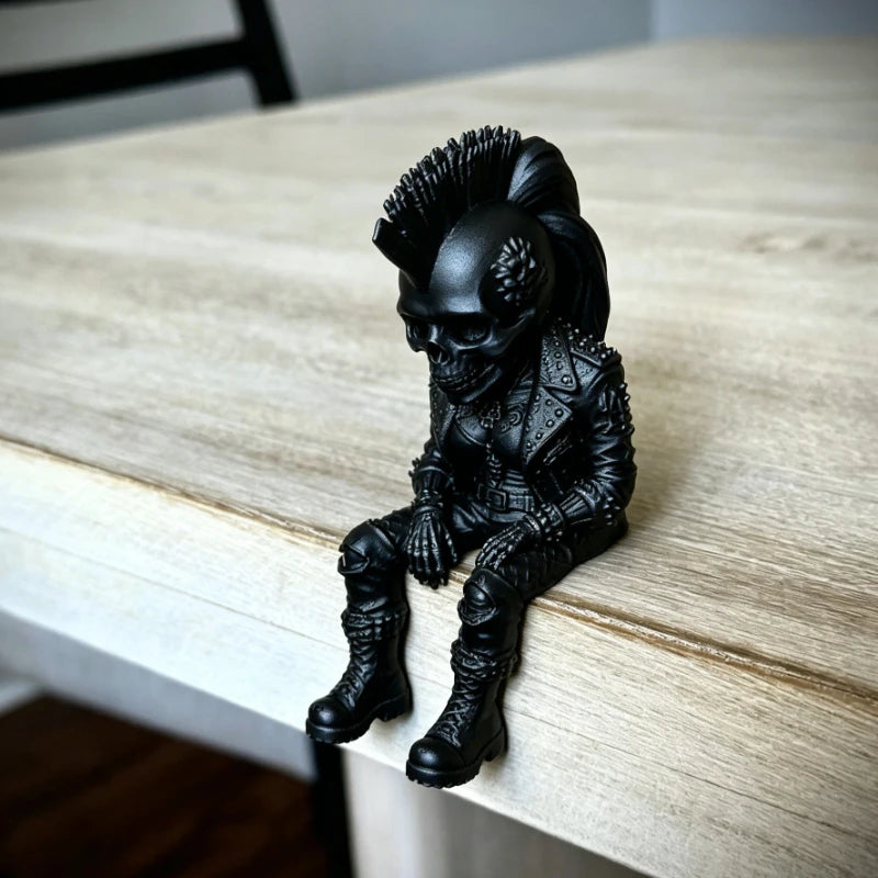 Rock Punk Skull Couple Figurine 3DPrinted Sitting Posture Edge Cool Skeleton Statue Gothic Desk Decor for Bookshelf Gaming Table Oasis Select B black tall 10cm