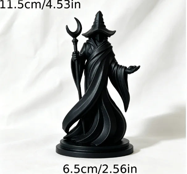 Gothic Faceless Wizard Miniature Figurine 3D Printed Moon Staff Cloaked Mage Statue Home Tabletop Bookshelf Ornament Decor Gifts Oasis Select Wizard Black