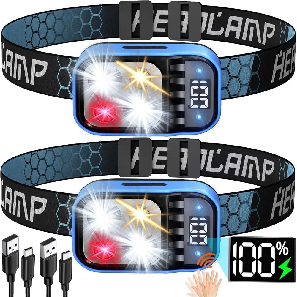 Rechargeable Headlamp Flashlight Bright LED Waterproof Motion Sensor Headlights Emergency Head Lamp Camping Fishing Head Light Oasis Select