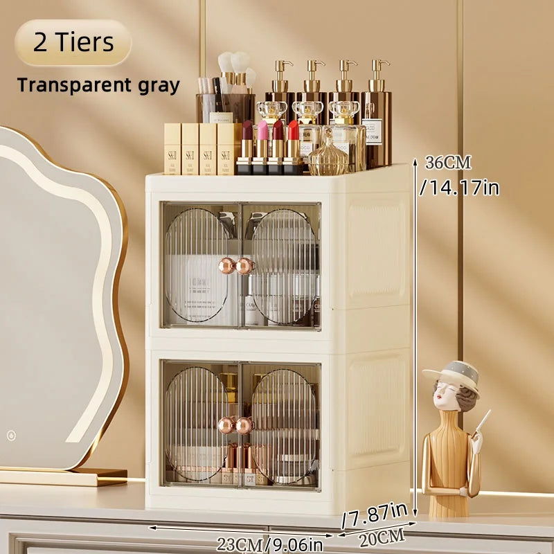 Foldable Desktop Makeup Organizer Multi-Layer Storage Cabinet Large Capacity for Cosmetics Toiletries Books Oasis Select 2 Layers Black
