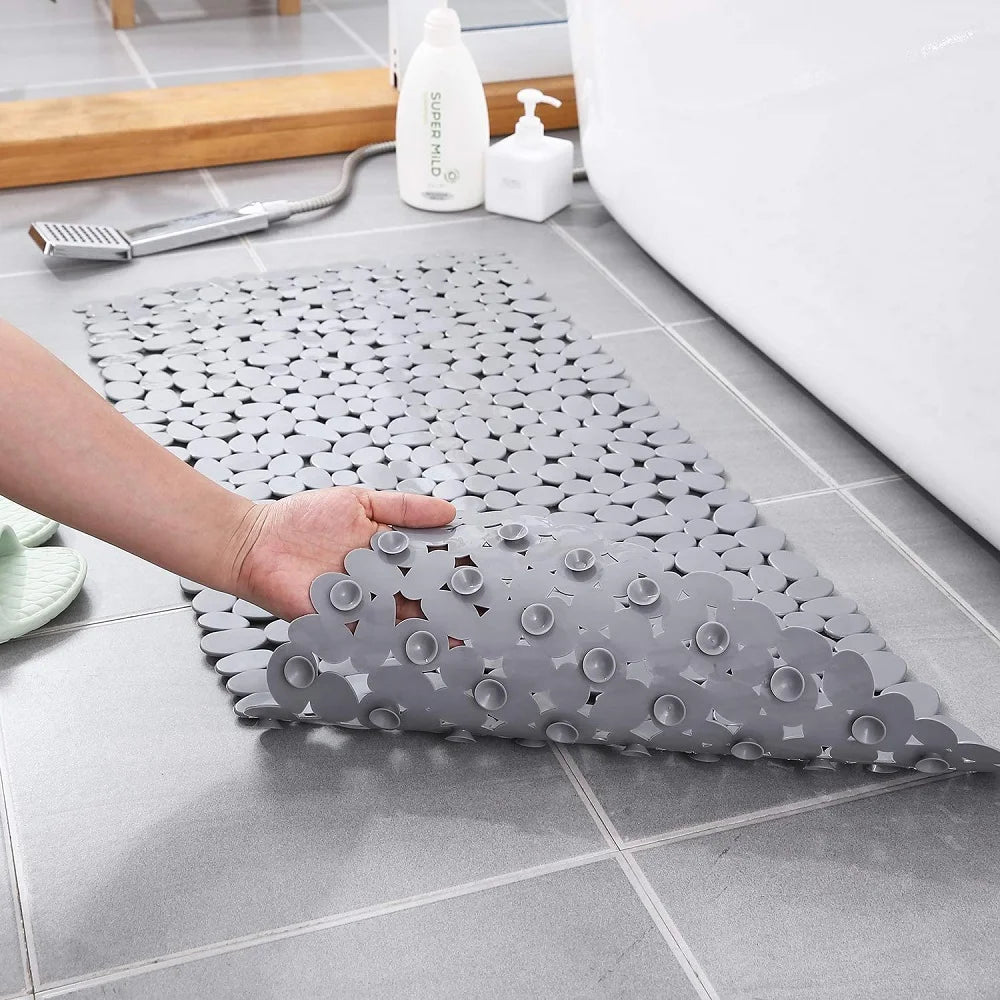 Non-Slip Bath Tub Shower Mats Pebble Shape Machine Washable Bathtub Mat With Drain Holes Suction Cups For Bathroom Oasis Select Grey 70x36cm