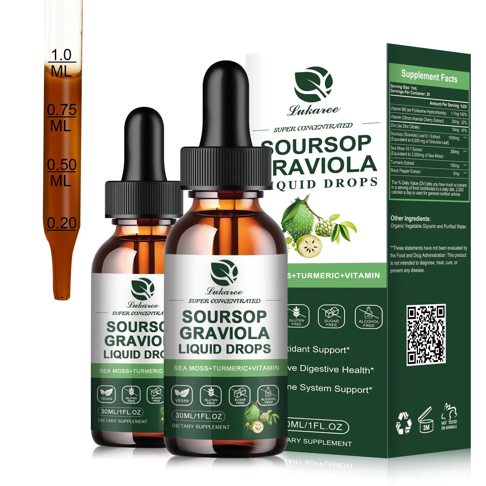 30ML Soursop Graviola Extract Drops Support Immunity and Digestion ,Metabolism Health, Detox and Antioxidation Gluten-Free Oasis Select