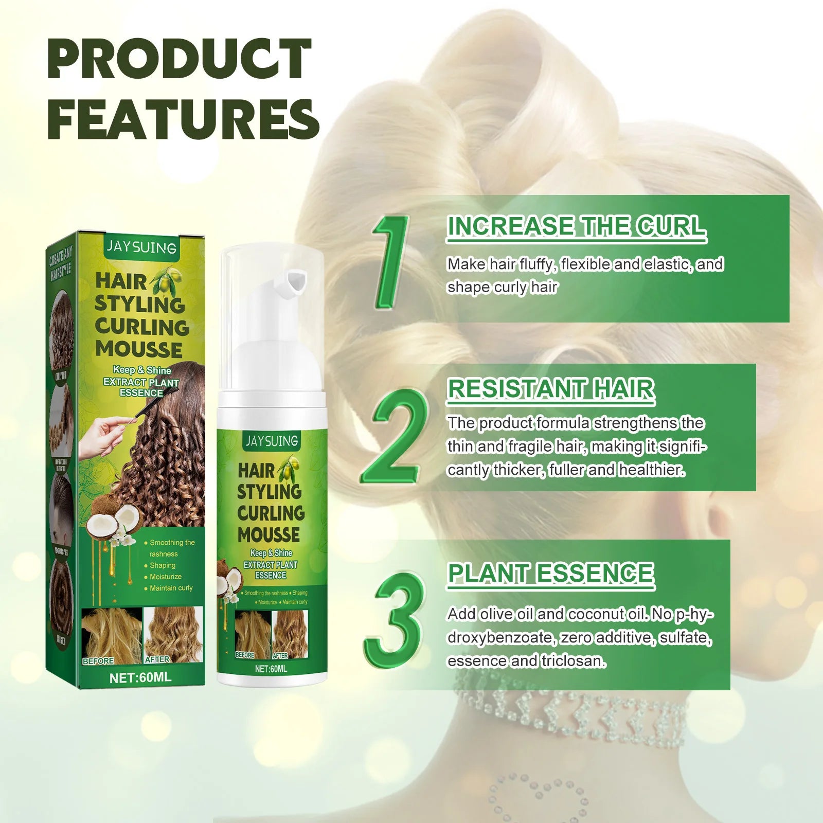 Jaysuing Curly Hair Mousse – Frizz-Free Hold, Shine & Definition Curl Styling Mousse Oasis Select