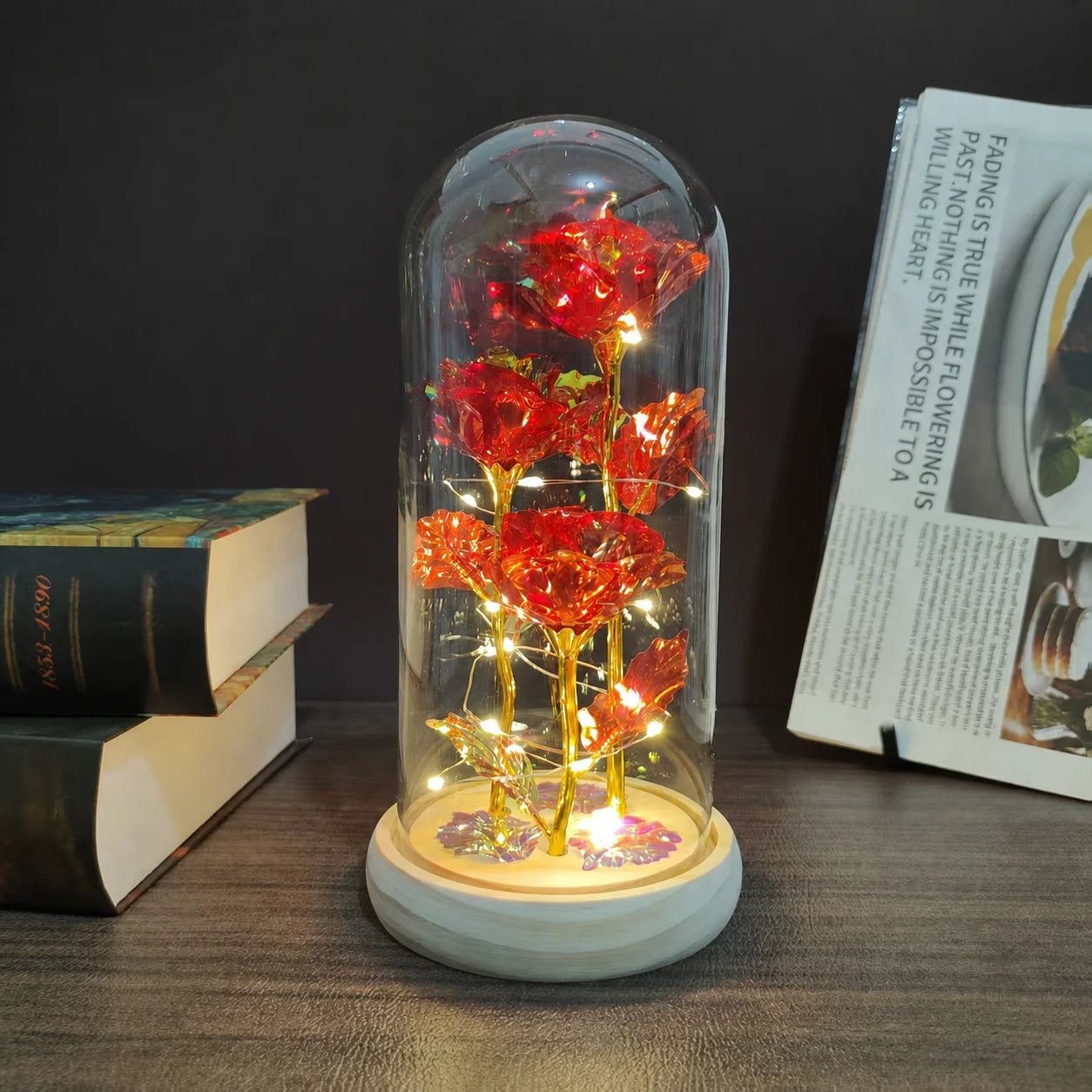 Graduation Season Teacher's Day Creative Gift Box for Women - Rose Flower Gift, Perpetual Flower Glass Cover with Three Artifici Oasis Select Red Clear