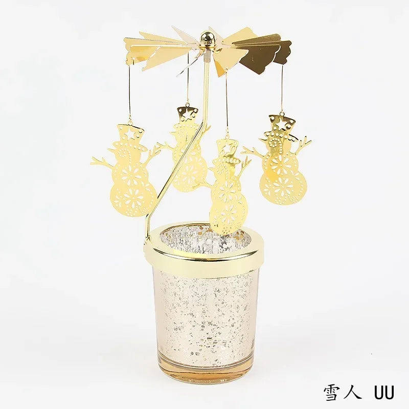 Gold Romantic Rotating Candlesticks Home Christmas Party Decoration Snowman Rotation Spinning Carrousel Tea Light Candle Holder Oasis Select UU