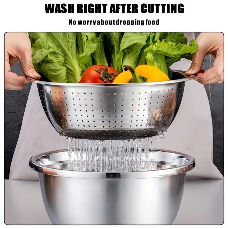3-in-1 Stainless Steel Grater Bowl with Colander & Slicer