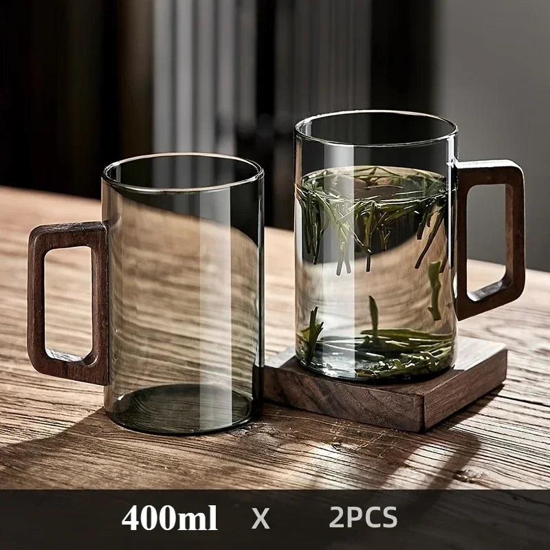1/2pcs 400ml Glass Cups with Walnut Handle Household Heat-resistant Mug Large Capacity Tea Making Cup Office Drinking Glasses Oasis Select 2PCS Gray 400ML