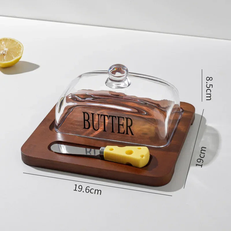 Wooden butter dish glass lid cheese box Butter cheese dessert plate cake dessert table display stand Oasis Select dark wood