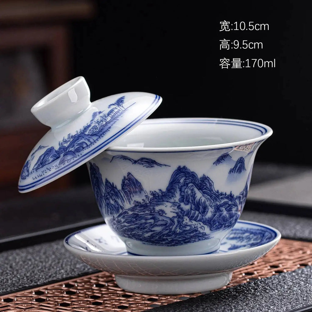 Ceramic Three-Talent Gaiwan Home Single Tea Maker Tea Cup Chinese Style Kung Fu Tea Set with Lid Tea Cup Gaiwan Oasis Select Landscape Style 5