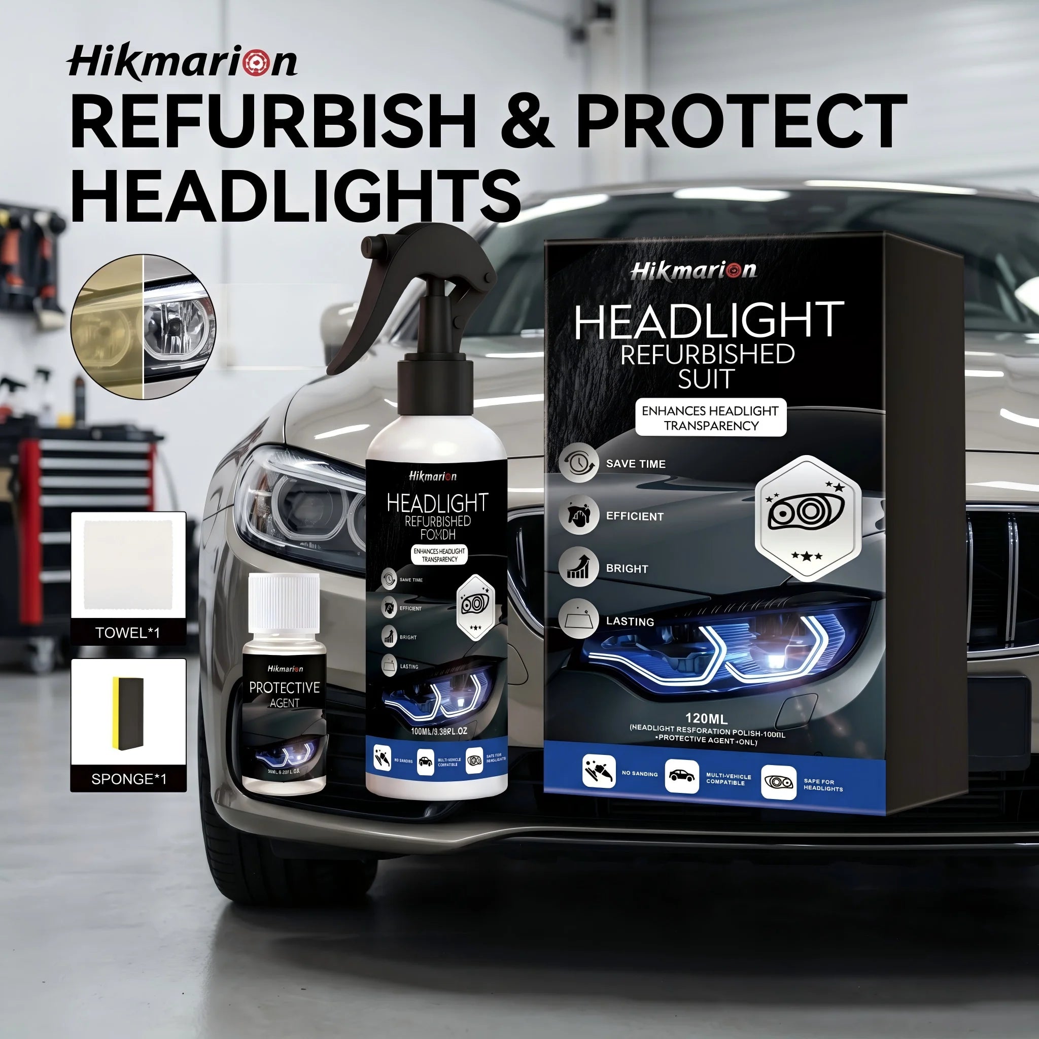 Car Headlight Restoration Kit Scratch Remove Oxidation and Yellowing Restore Clarity Brightness No-Sanding Headlight Polish Oasis Select