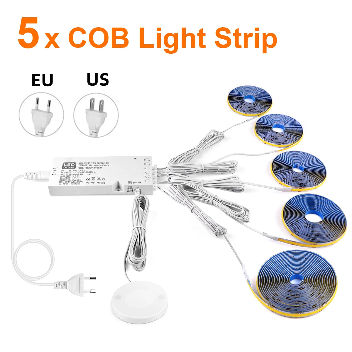 12V Dimmable COB LED Strip Light with Touch Sensor for Under Cabinet Display Bookcase Wardrobe Closet - Penetrable Wood Design Oasis Select 5PCS COB Strip WHITE 1m|European Power Plug
