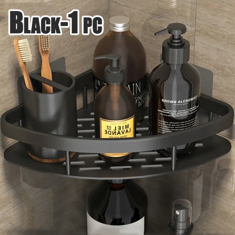 Bathroom Shelf Kitchen Storage Organizer Aluminum Alloy Shampoo Rack Shower Shelf Bathroom Accessories No Drill Shelf Oasis Select StyleA-Black-1PC