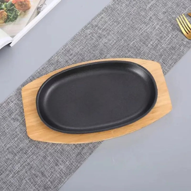 Cast Iron Skillet with Wooden Tray and Metal Spatula, for Grilled Fish and Grilling, Kitchen Essentials Oval Steak Pan Oasis Select