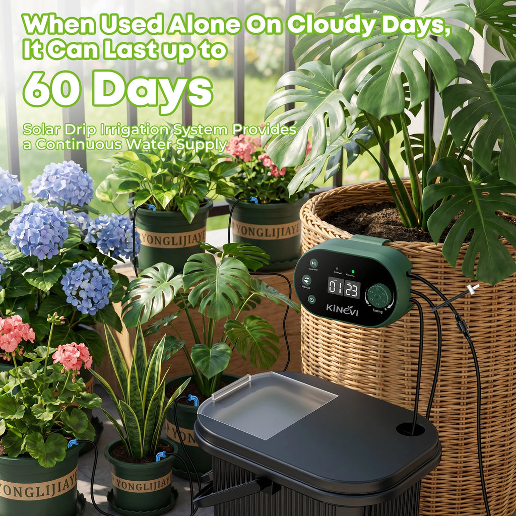 Solar Irrigation System 3W Auto Watering Drip Kit for 15 Pots, with 22 Timer Modes&15 Drip Heads Suitable for Garden Balcony Etc Oasis Select