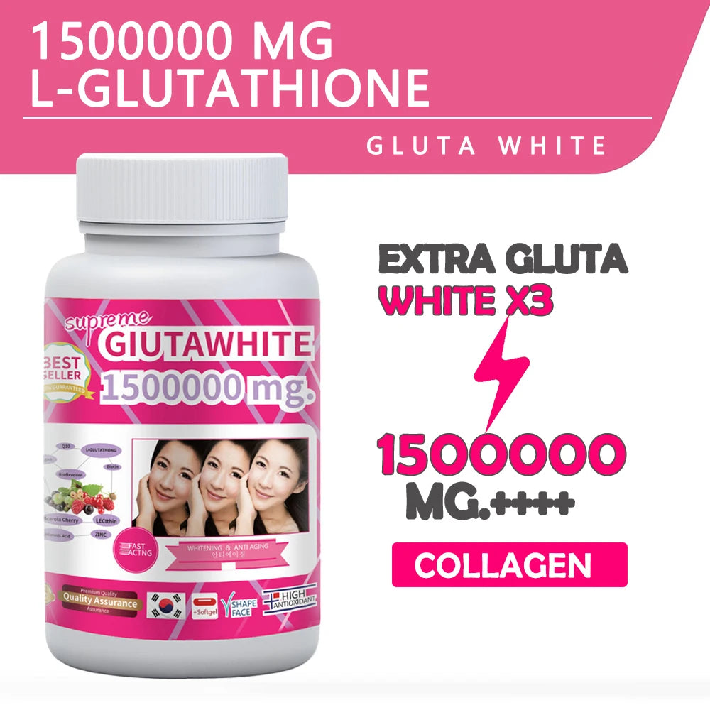 GLUTA WHITE 1500000MG Glutathione Skin Whitening Supplement Anti Aging, UV Protection, Even Skin Tone & Scar 30 Softgel Capsules Oasis Select