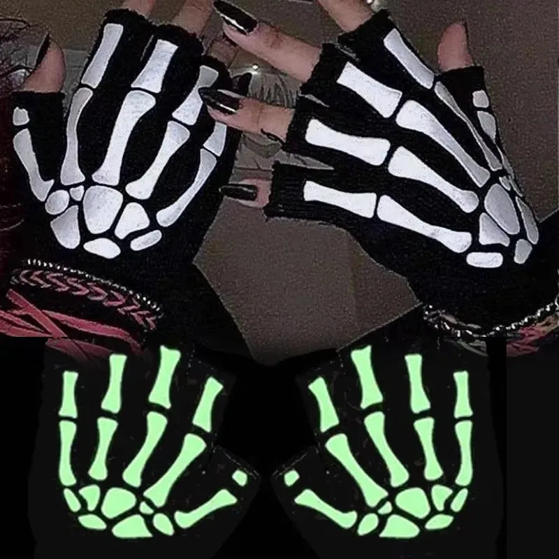 1-10pairs New Adult Cosplay Halloween Skeleton Skull Half Finger Punk Gloves Glow in the Dark Fingerless Stretch Knitted Mittens Oasis Select