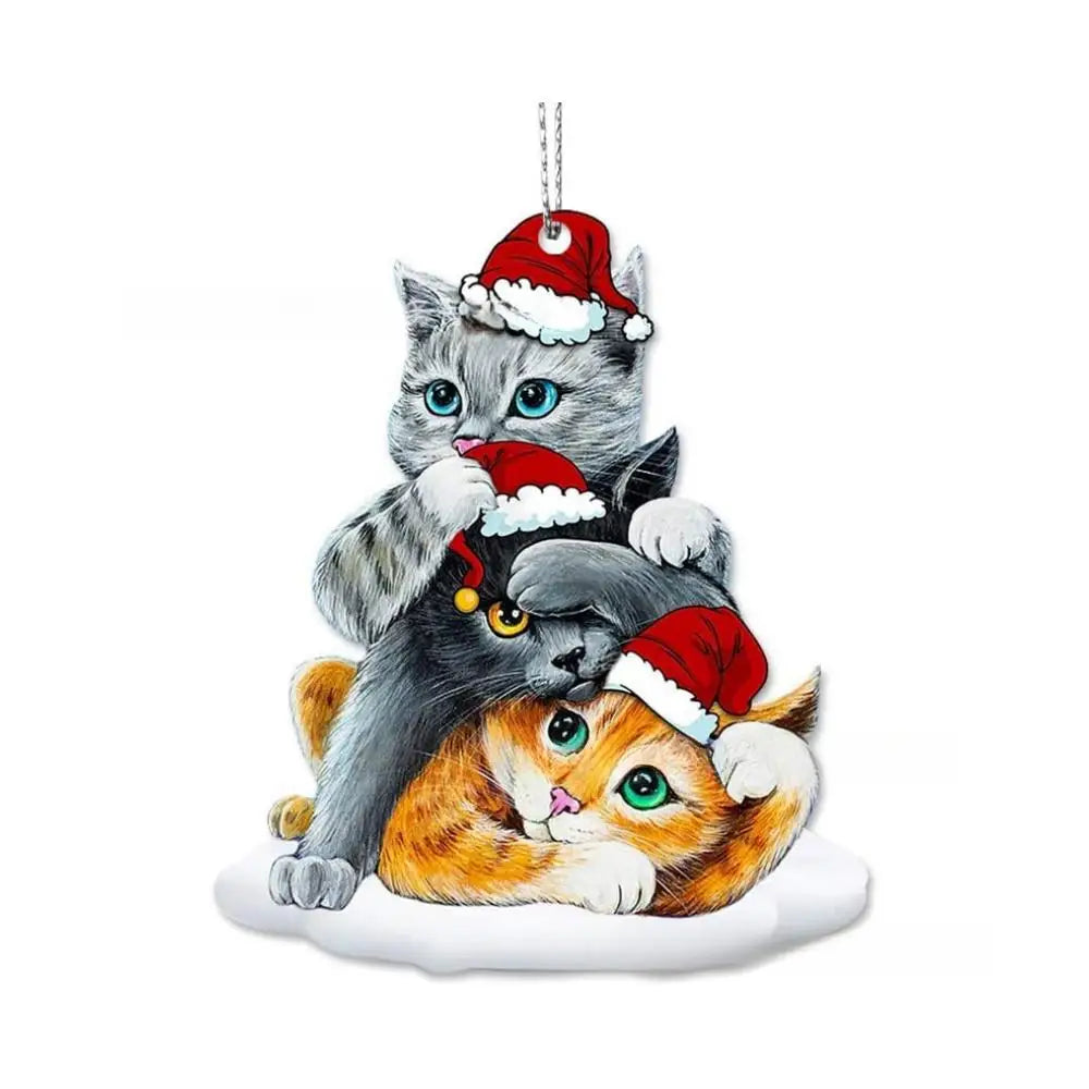 2D Acrylic Funny Cat Christmas Ornament | Santa Hat Pendant