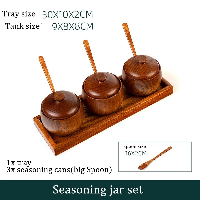 Wooden Seasoning Jar Creative Kitchen Retro Salt Sugar Pot Seasoning Storage Jar With Lid Spoon Wooden Tray Storage Containers Oasis Select 4pc big tray set
