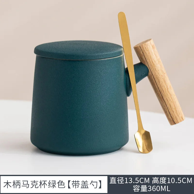 Office Wooden Handle Mug Japanese-style Ceramic Office Tea Cup Frosted Water Cup Three-piece Set with Lid Filter Mug Coffee Mug Oasis Select Green 301-400ml