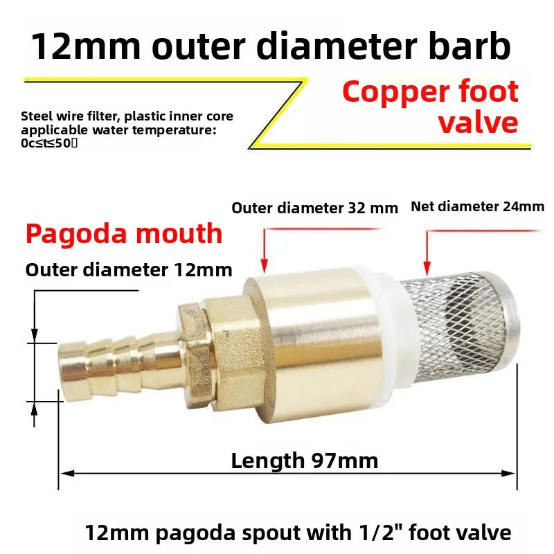 Copper Tower Bottom Valve with Filter Screen Check Valve, Self-priming Pump Inlet Anti Backflow Spring Insertion Pipe Filter Oasis Select Outer diameter 12mm 6-point bottom valve