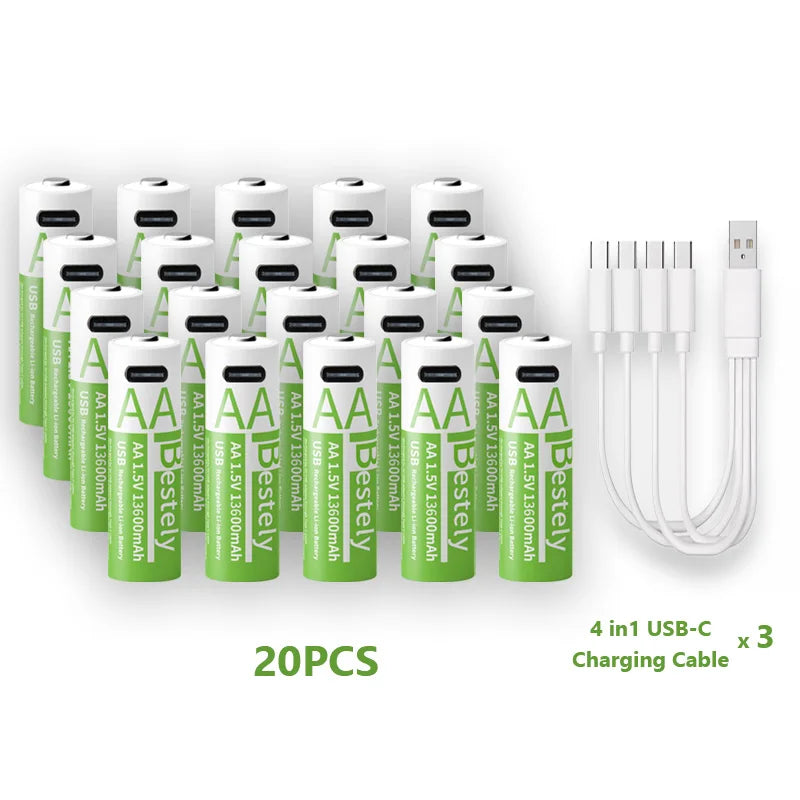 New 1.5V AA13600mAh/AAA8000mAh USB Type-C Rechargeable Lithium Battery for Mouse， Cameras, Electric Toothbrushes, Shavers Oasis Select 20 AA13600 1.5V