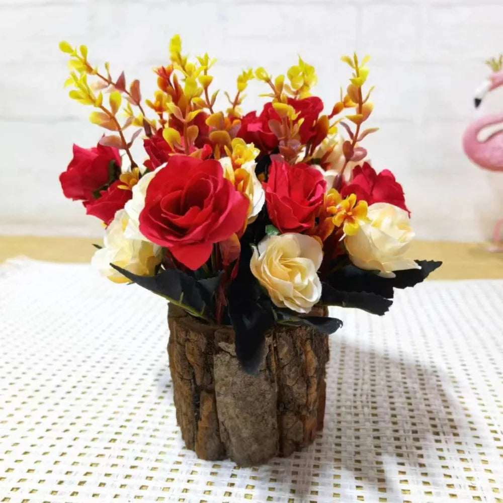 Artificial Sunflower Bonsai in Bark Pot | Faux Plant Home Décor