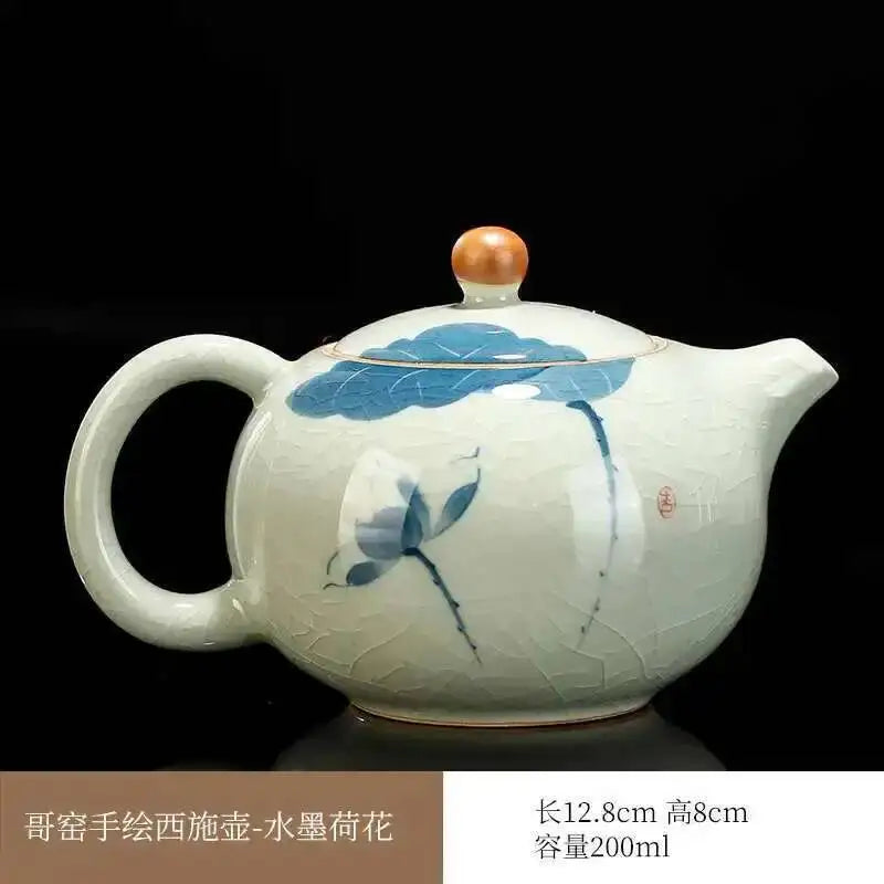 Multiple underglaze color hand-painted Ge kiln tea pots, ceramic ice cracked glaze single pot, Xi Shi pot, Kung Fu tea set tea Oasis Select Pot - Blue Lotus
