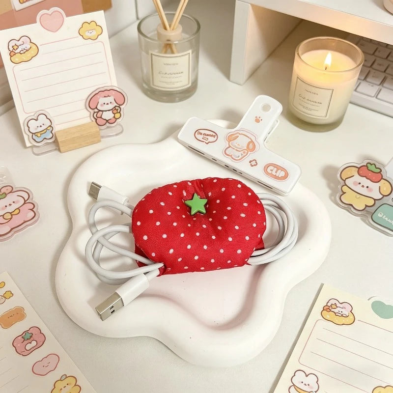 Harajuku Korean Earphone Decoration Accessories Handmade Fabric Cute Tomatoes Wave Dot Earphone Storage Bag Data Cable Organizer Oasis Select