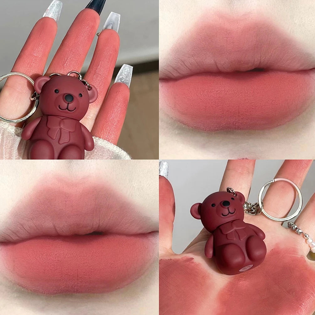 Cute Bear Keychain Matte Lip Mud – Velvet Liquid Lipstick
