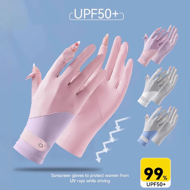 Summer Sunscreen Gloves Women Thin Ice Silk Anti-ultraviolet Dew Finger Touch Screen Driving Riding Non-slip Breathable Gloves Oasis Select