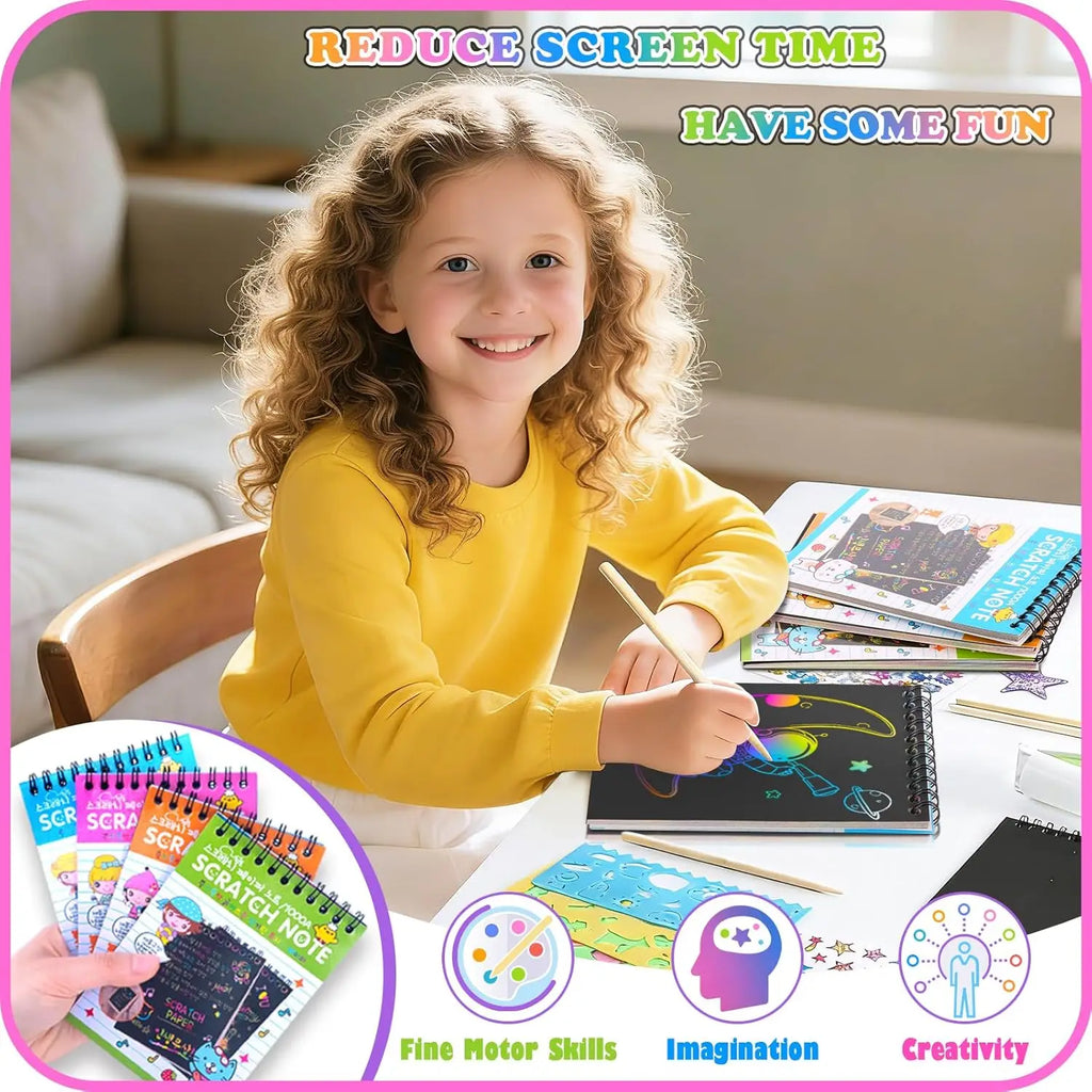 12 PCS Scratch Art Set 4 Rainbow Mini Notebooks 4 Stencil Sheets 4 Wooden Stylus Fun Drawing, Party Favors Creative Gifts Oasis Select
