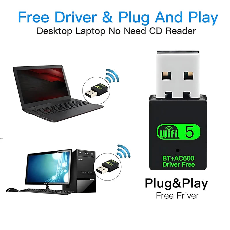 600Mbps USB WiFi Bluetooth Adapter 2 IN 1 Dual Band 2.4G/5GHz Wi-Fi Dongle High-Speed Wireless Network Card Receiver PC Laptop Oasis Select
