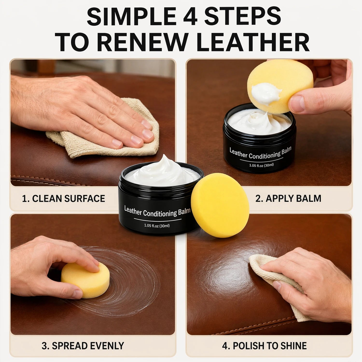 Leather Conditioning Balm Kit with Sponge – Softens & Buffs