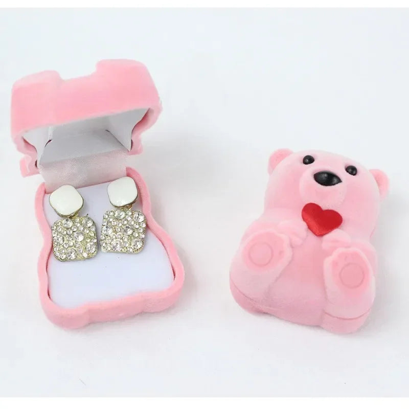 Cartoon Plush Bear Ring Pendant Earring Jewelry Box Cute Plastic Activity Core Removable Wedding Mother Day Party Supply Oasis Select pink bear 4.5 x 3.6x 5.5cm 1pcs