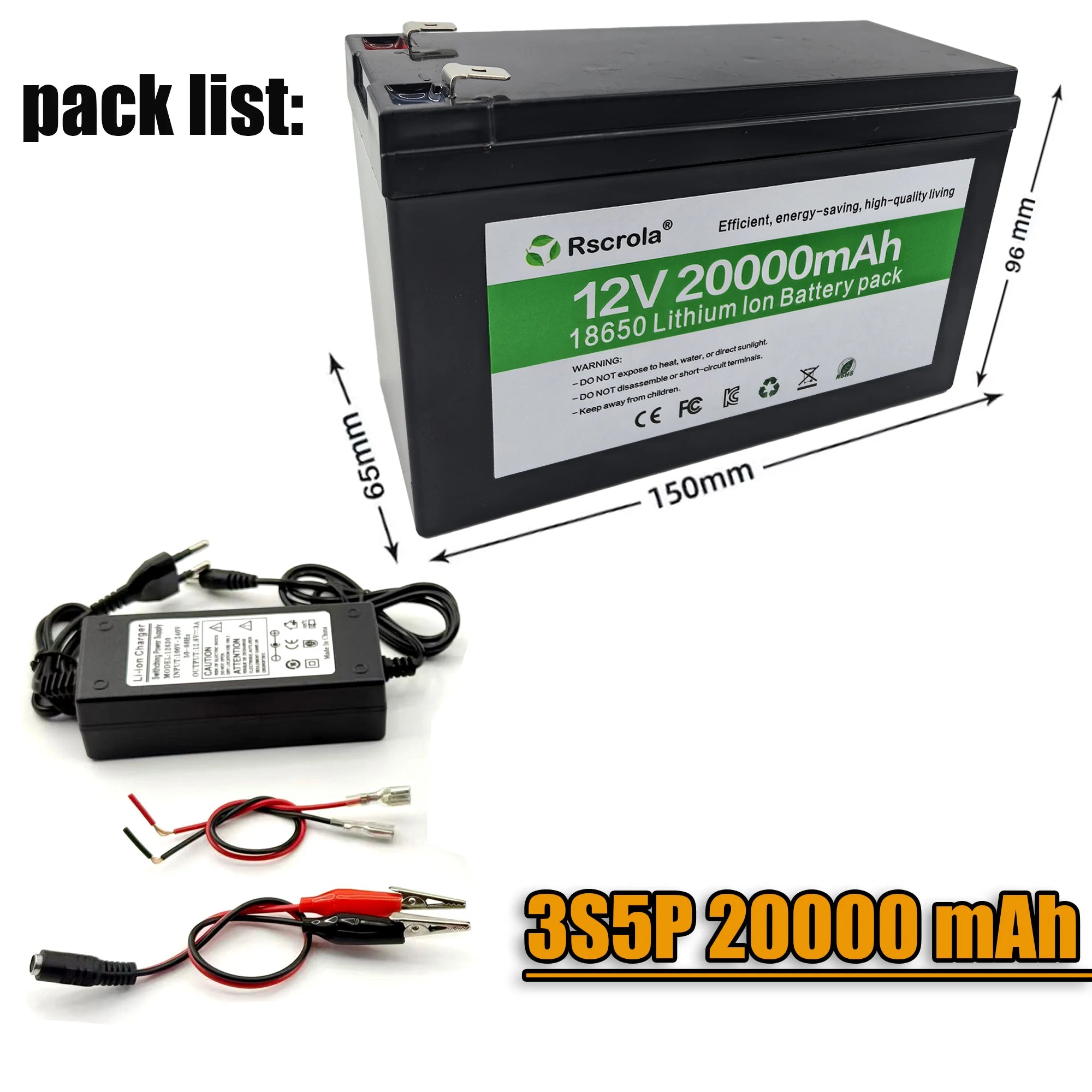 Black 12V Battery 40Ah 30Ah 20Ah 18650 Lithium Battery Pack Sprayer Built-in High Current BMS Electric Vehicle Battery Oasis Select 12V 20000mAh
