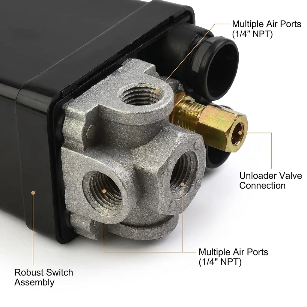 4Port Manifold Electric Air Compressor Pressure Switch 90-120psi Automatic Tool Accessory for Air Compressors Oasis Select