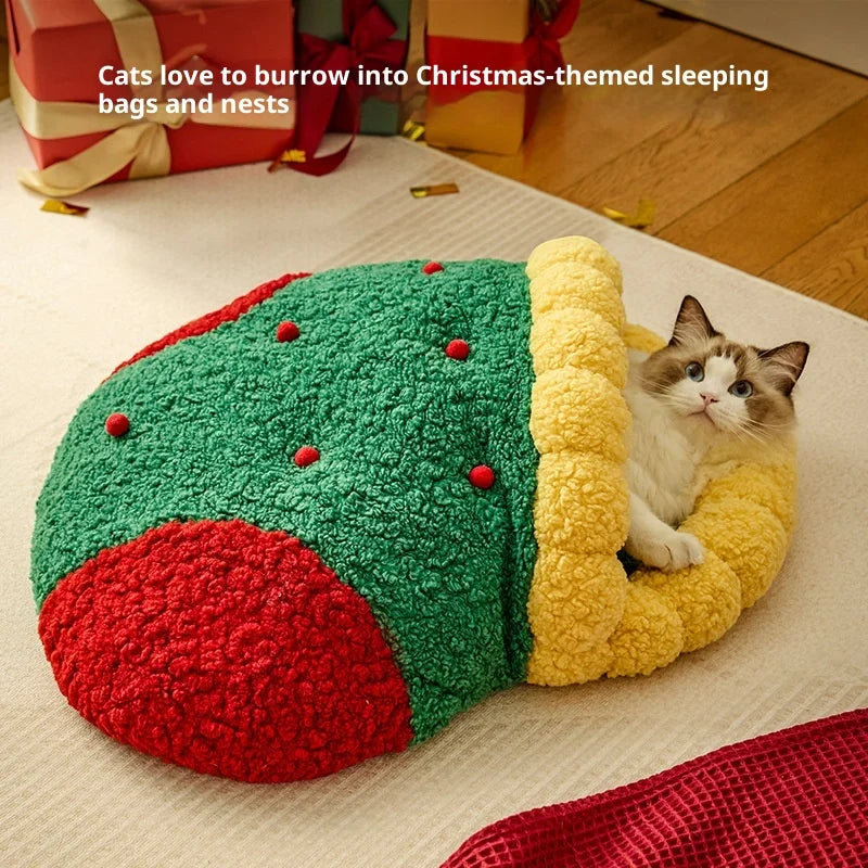 Autumn and Winter Warm Cat Bed Deep Sleep Semi-enclosed Dog Bed Warm Bed New Christmas Cat's nest Oasis Select