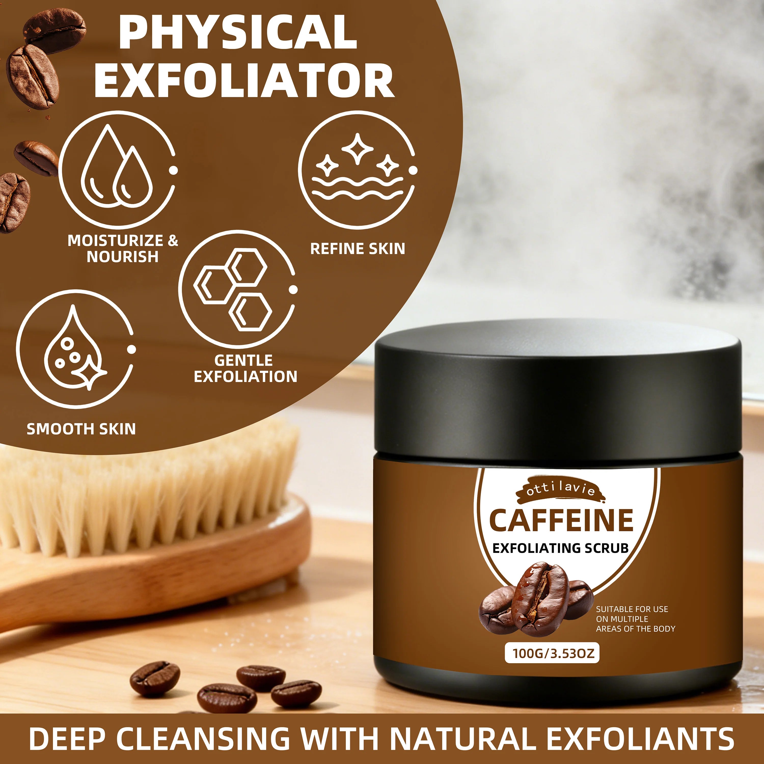 Ottilavie Caffeine Exfoliating Scrub, Gentle Exfoliating Deep Cleansing For Hands, Feet & Body, Daily Skincare Routine Oasis Select