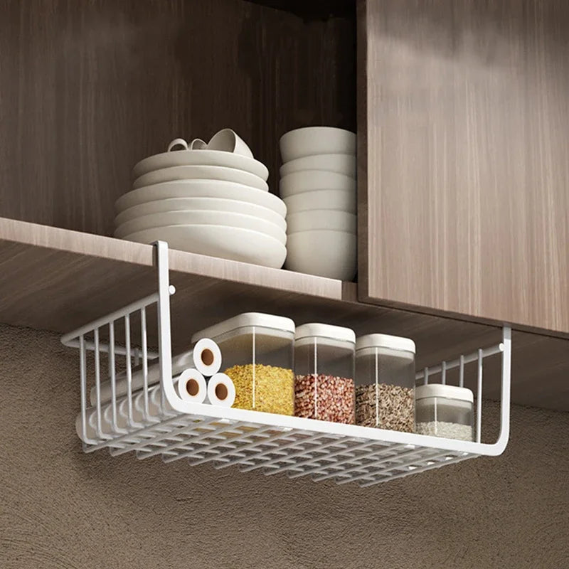 1pcs Portable Metal Iron Kitchen Shelf Under Table Hanging Net Basket Multifunctional Book Storage Rack Home Offices Organizer Oasis Select