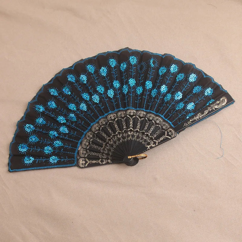 Silk Fan Folding Fan Wedding Art Gifts Peacock Sequin Dancing Fan Hand Held Fan Home decoration Oasis Select L