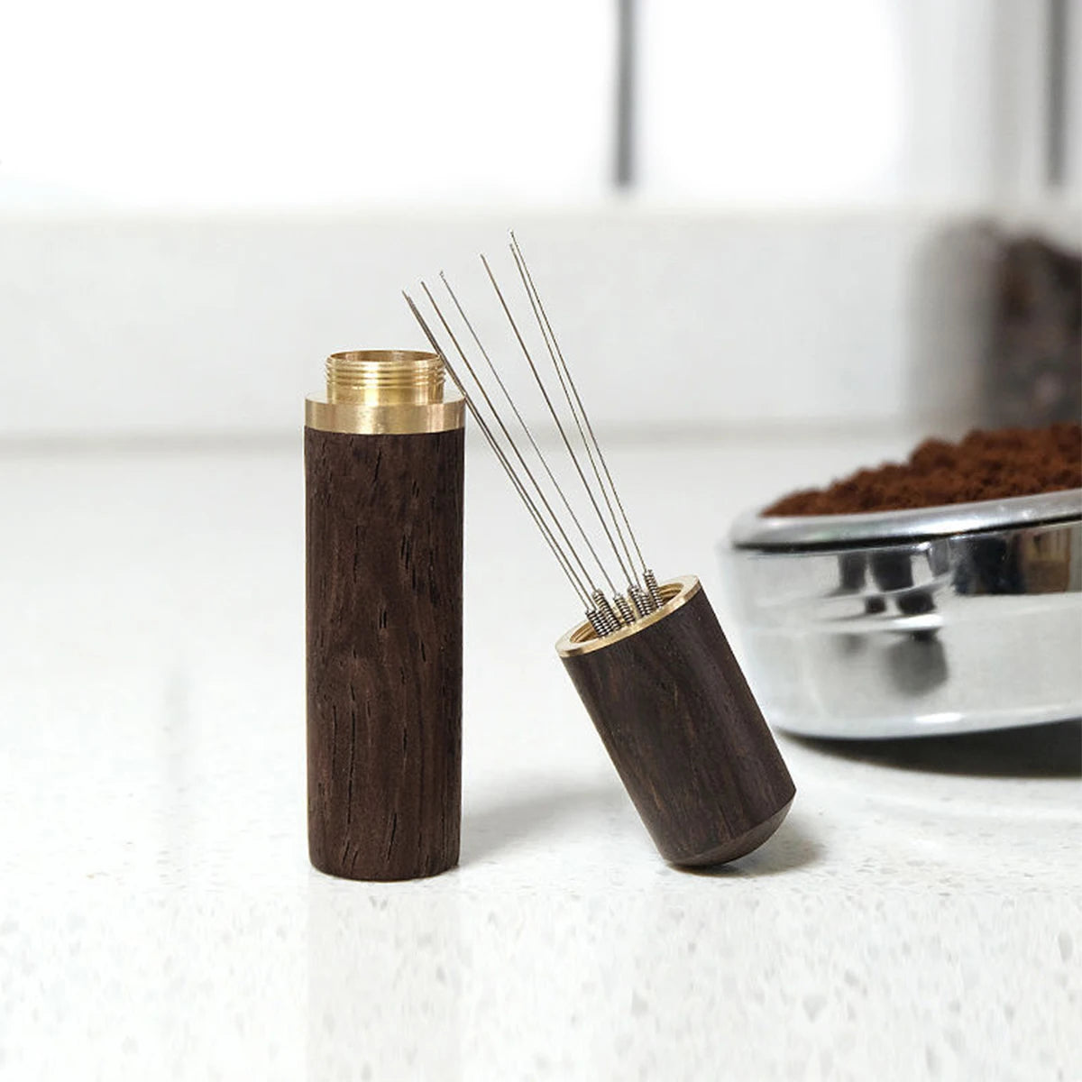 6-Needle Espresso Distribution Tool – Coffee powder distributor, 0.4mm Pins to Break Up Clumps & Prevent Channeling, Wood Handle Oasis Select DarkBrown