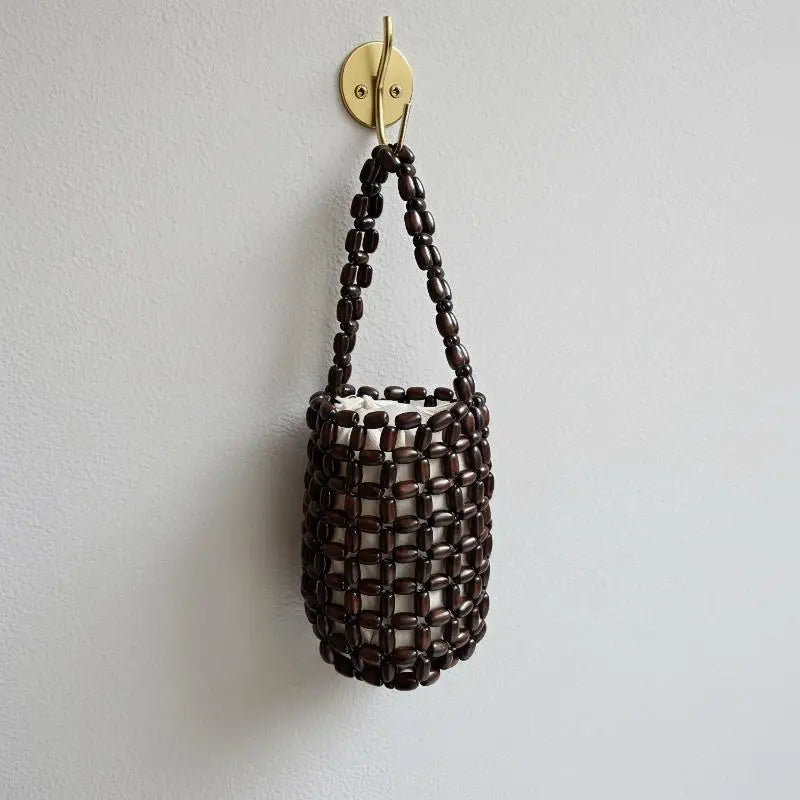 Retro Handmade Wooden Bead Woven Bucket Bag Creative Handbag Women Mini Hollow Bucket Bag Summer Wrist Bag Oasis Select