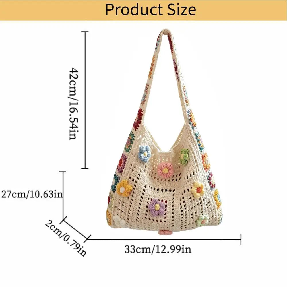Boho Crochet Bag Flowers Knitted Handbags Large Capacity Summer Beach Woven Shoulder Bag Girls Tote Shopper Bags Handbags Lady Oasis Select White