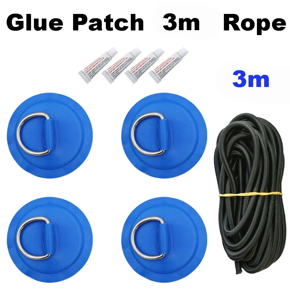 Surfboard Dinghy Boat PVC Patch With Stainless Steel D Ring Deck Rigging Sup Round Ring Pad 5M Elastic Bungee Rope Kit Oasis Select 4 Blue 4G 3M Rope