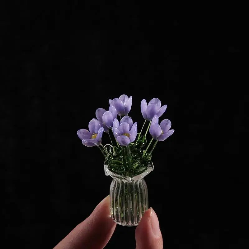 6/7Pcs Mini Lifelike Glass Flowers Simulation Flowers Handcrafted Floral Sculpture Floral Bouquet With Vase Home Decoration Gift Oasis Select A5