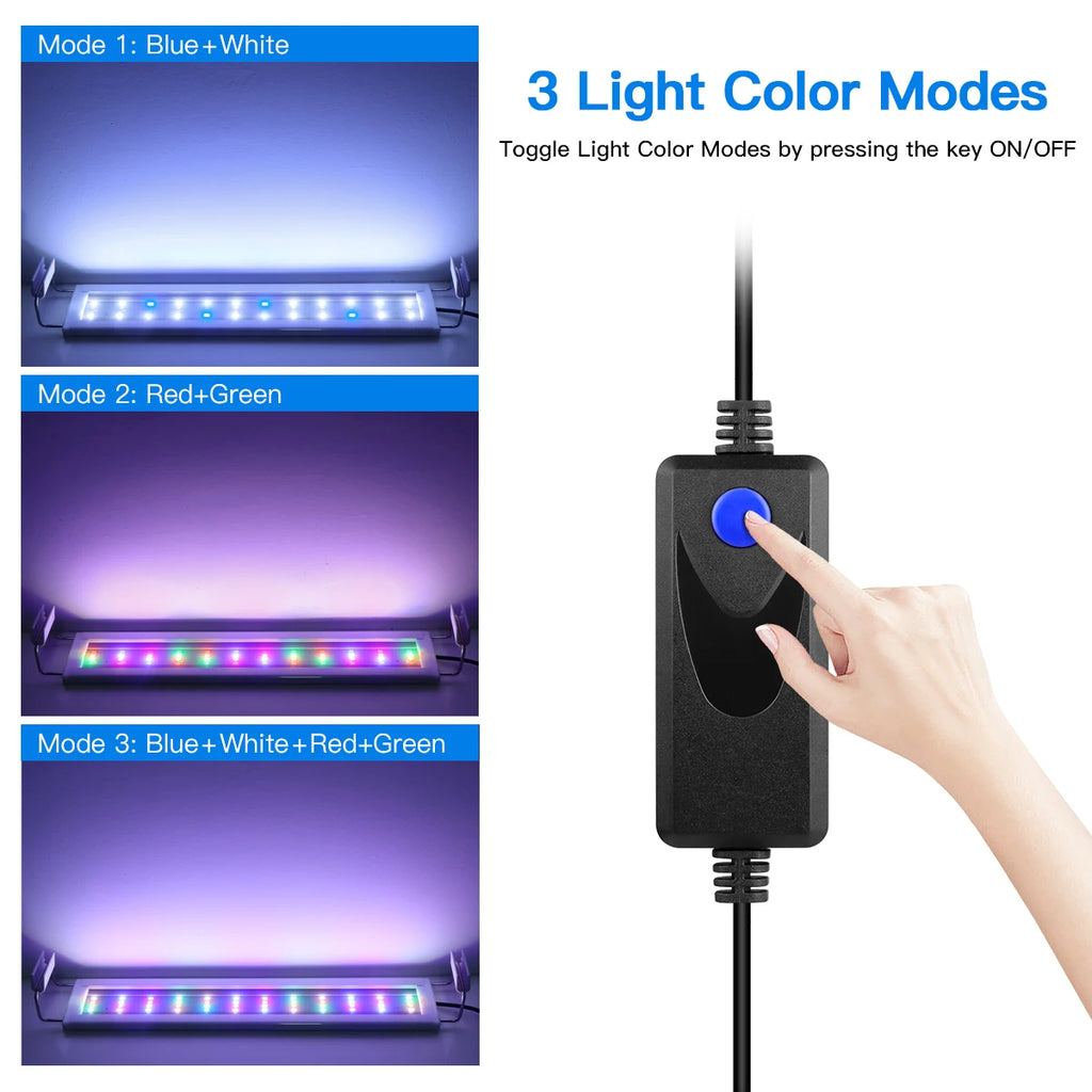 LED Aquarium Light Extensible Clip-On Aluminum Bar Fish Tank Aquatic Plant Grow Lamp Blue/White 3-Color Change with 220V EU Plug Oasis Select 3 Color Changeable 18CM