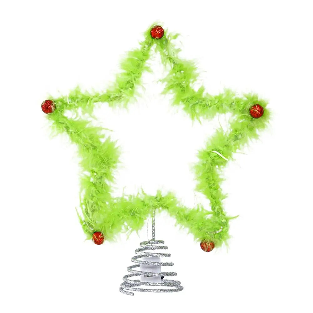 Christmas Fuzzy Grinch Star Tree Topper Iron Green Plush Holiday Festive Creative Home Party Decor Ornament Oasis Select without light